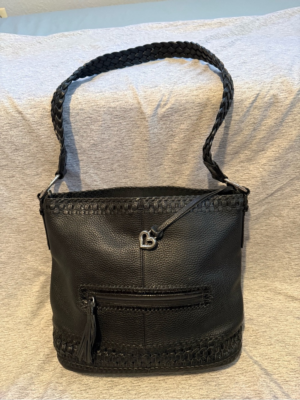 Brighton Black Woven-Trim Shoulder Bag with Heart Charm